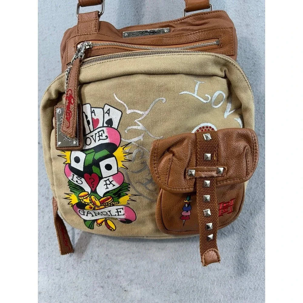 Ed Hardy Love Is A Gamble Denim/Leather Saddle Crossbody Bag Y2K Retro Rocker